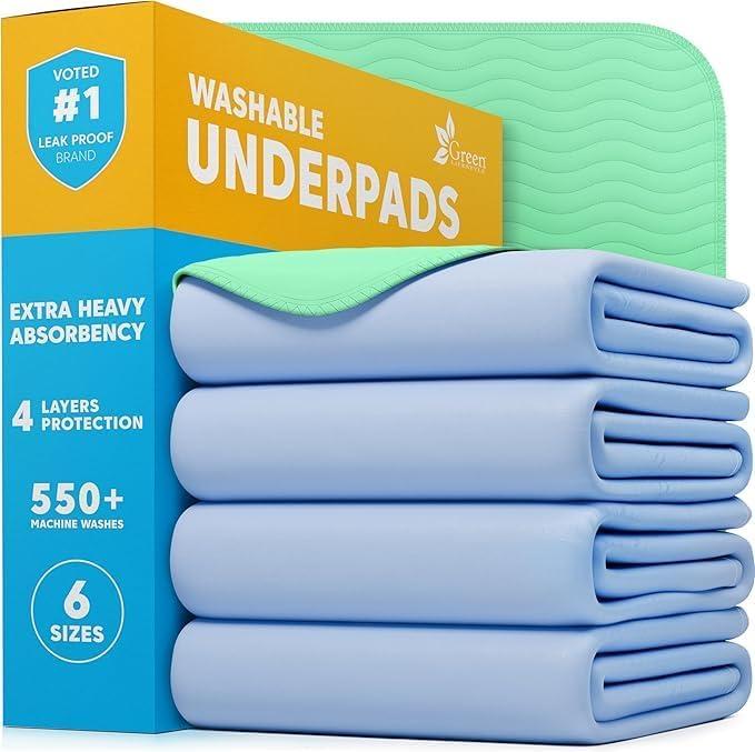 GREEN LIFESTYLE Washable Underpads - Heavy Absorbency Reusable Bedwetting Incontinence Pads for Kids, Adults, Elderly, and Pets - Toddler Mattress Pads for Bed, Sofa, Floor (Pack of 4 - 34x36)