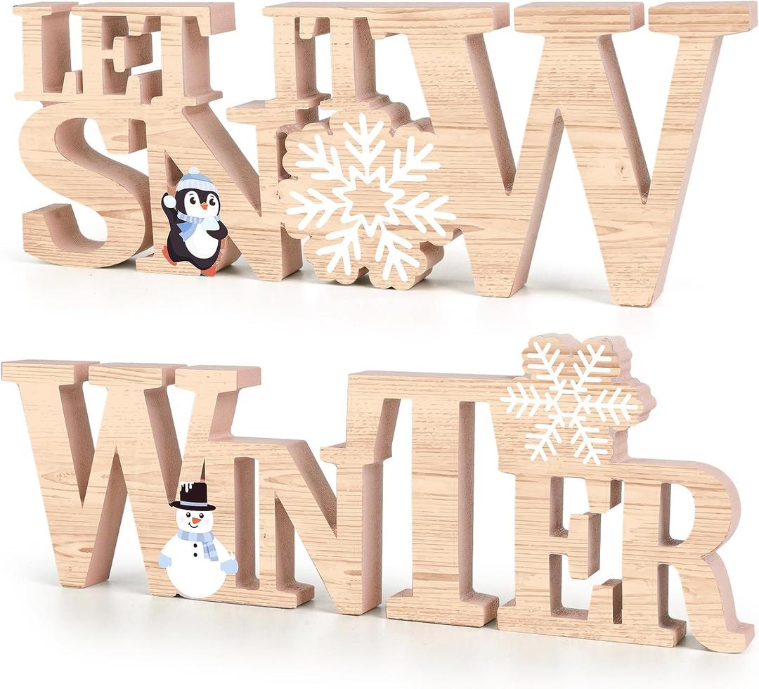 COCHIE Wooden Winter Let It Snow Sign, Snowflake Winter Decorations for Home, Office, Shelf, Mantel, Indoor, Blue White Wood Table Top Party Decor (Brown)