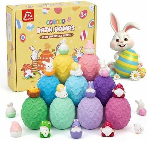 Easter Bath Bombs for Kids with Surprise Toys Inside, 5 PCS Easter Egg Bath Bombs, Easter Basket Stuffers, Bunny Gnome Chick Bubble Bath Fizzies, Egg Hunt Party Favors,Gifts for Boys Girls Age 3-10