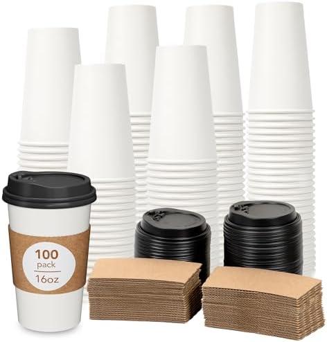 DAILYLIFE 16oz Disposable Coffee Cups with Lids & Sleeves - 100 Pack | Thickened Paper Cups for Hot/ Cold Drinks | Leak-Free for Over 7 Days | DIY Customizable for Home, Office, Parties