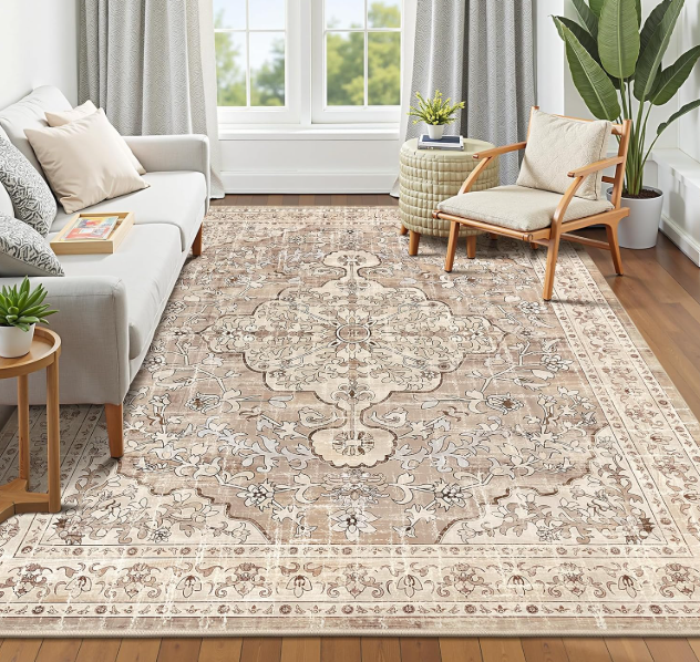 Pauwer Boho Washable Area Rug 8x10 Large Soft Living Room Bedroom Floor Carpet Mat Indoor Farmhouse Vintage Non Slip Accent Throw Rugs for Entryway Kitchen Dorm Dining Room, Beige Brown