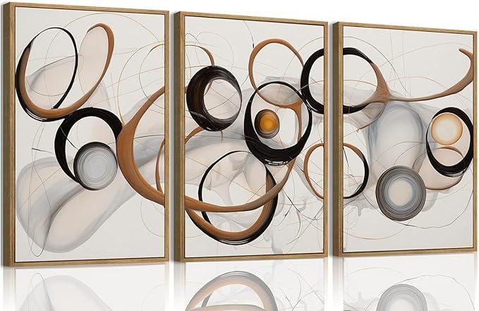 OIQArtOIQ 3 Piece Large Abstract Canvas Wall Art For Living Room Brown and Black Circles Lines Geometric Framed Wall Art Modern Minimalist Art Prints Artwork For Bedroom Office Dining Room 12x16 in