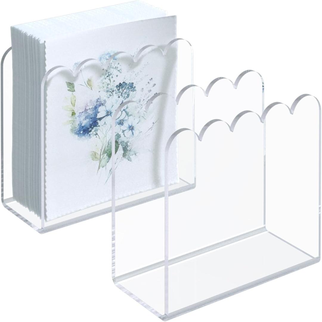 Napkin Holder, 2 Pack Scalloped Acrylic Napkin Holder for Table, U-Shaped Cocktail Napkin Dispenser for Home Clear Tissue Dispenser for Kitchen Guest Towel Holder for Bathroom(2pcs Clear Scalloped)