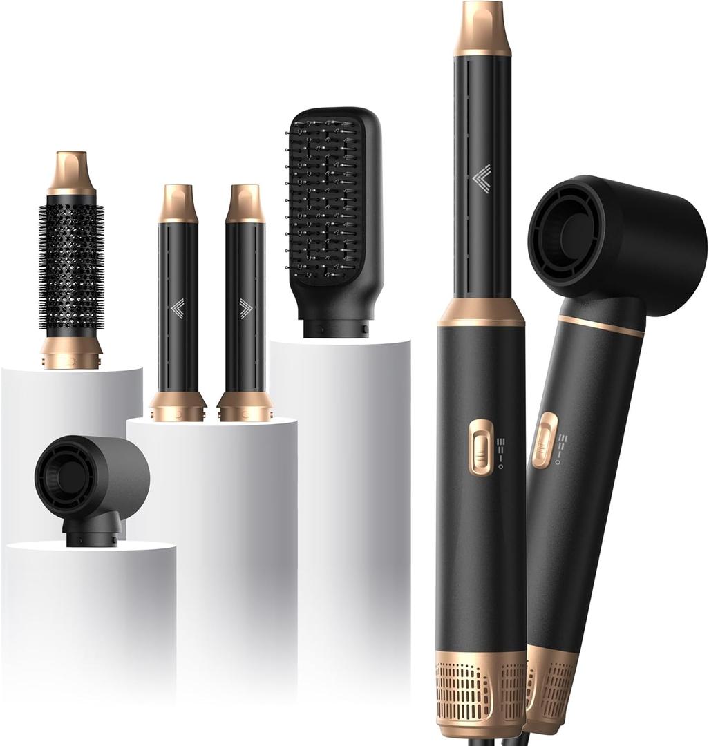 UKliss 5 in 1 Hair Styler & Blow Dryer Brush, Upgraded Detachable Hair Dryer Brush with Negative Ion, Air Curling Wrap for Drying, Curling, Straightening & Volumizing, Styling Tools for All Hair Types (Black/Gold)