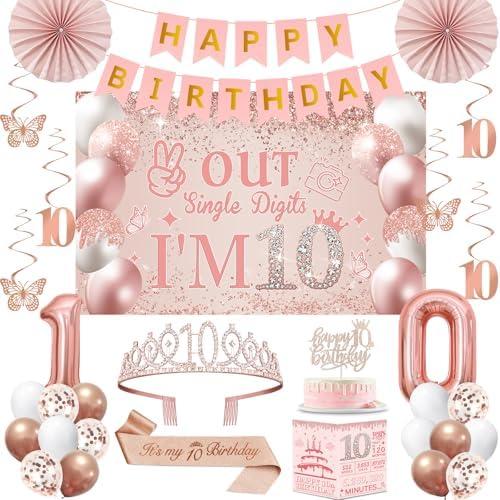 10th Birthday Decorations for Girls,32PCS 10th Birthday Party Decorations,Including Backdrop, Crown, Sash, banner, Hanging Swirl,Cake Topper,balloons, Anniversary Card and Paper Fans