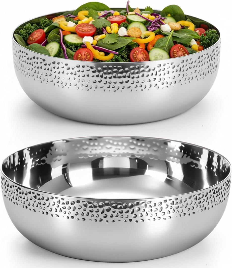 Honeydak 2 Pack Stainless Steel Hammered Salad Bowl 118oz & 152oz Large Metal Serving Mixing Bowl Decorative for Popcorn Fruit Kitchen Cooking Baking Salad Prep Food Storage