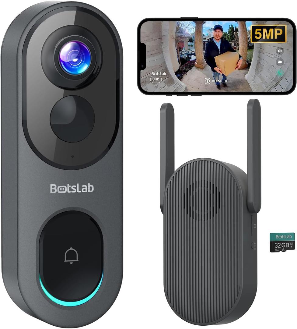 BOTSLAB 5MP Wireless Video Doorbell Camera,180 Head-to-Toe View, AI Motion Detection, VR Mode, Battery or Wired Powered, Easy Installation, Weatherproof, No Monthly Fee, 2.4GHz WiFi