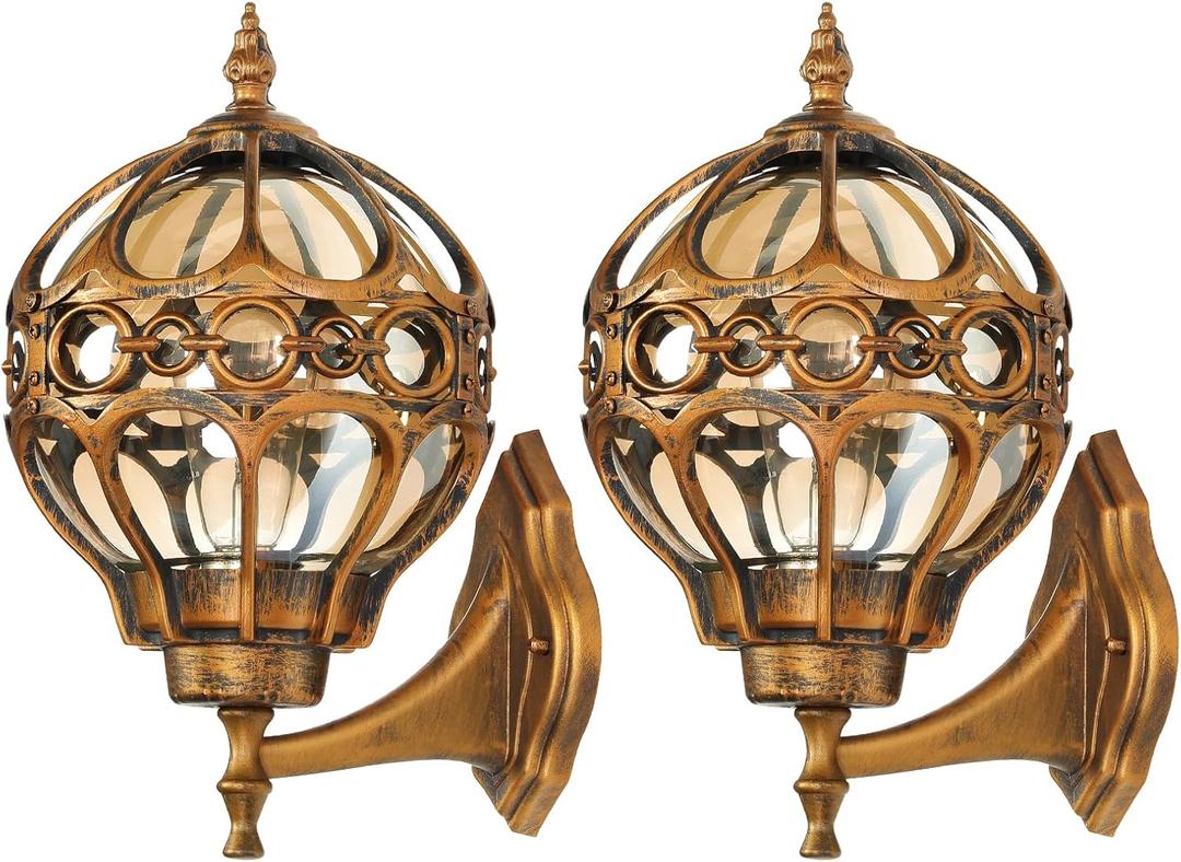 2 Pack Gold Globe Outdoor Wall Lights, Round Exterior Wall Sconce for Patio, Porch, Grand Entryway, Anti-Rust Aluminum Waterproof Outside Wall Lighting, Vintage Wall Lantern with Amber Glass