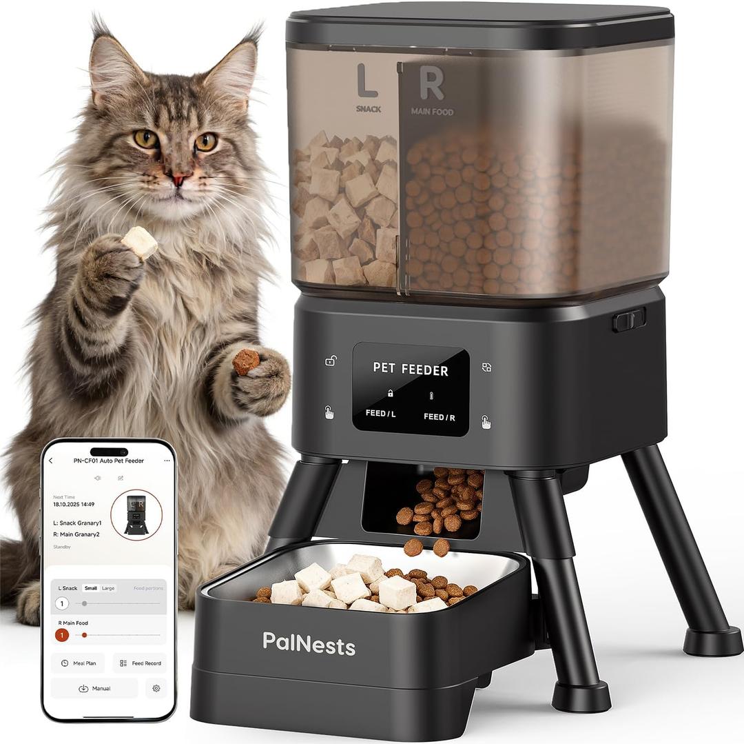 Dual Chamber Automatic Cat Feeder, Smart WiFi Pet Food Dispenser with 2.4&5G WiFi App, Custom Schedule & Portion Control for Dry Food and Treats, 4L, Black