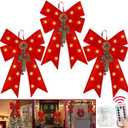 3 Pack Large Prelit Christmas Bows, 24'' x 14'' Red Velvet Bows with 20 LED Lights Remote 8 Modes & Timer, Red Berries Pinecones, Christmas Outdoor Bows for Wreaths Garland Tree Topper Indoor Decor