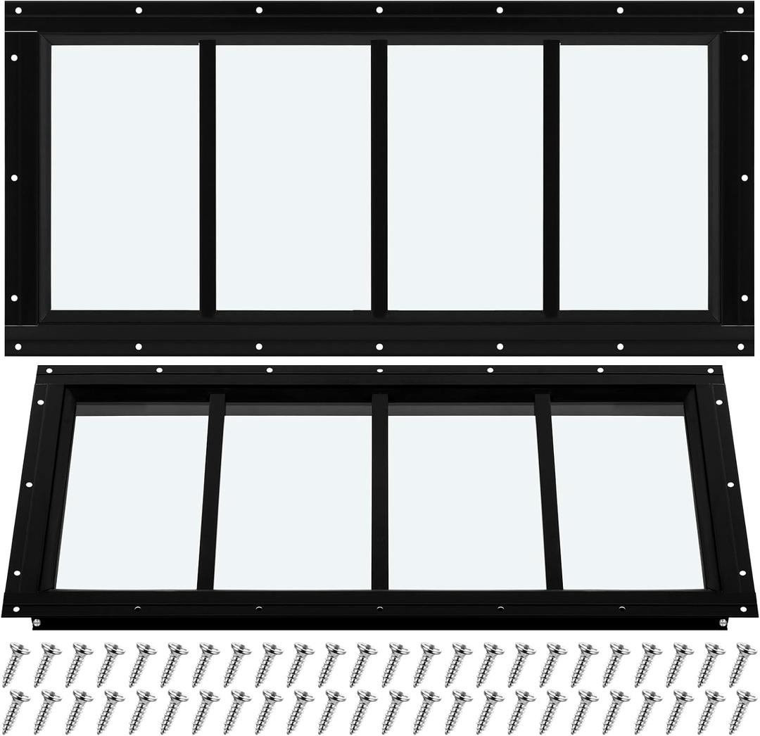 Tandefio 2 Pack Shed Window 10" x 23" Chicken Coop Flush Mount Windows with Tempered Glass, Aluminum Frame Black Outdoor Fixed for Chicken Coop Barn Playhouse Garage Basement with Screws