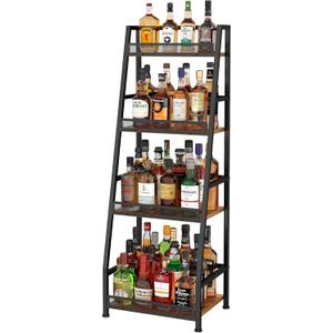 4-Tier Trapezoid Liquor Stand for Home Bar, Stepped Wine Rack Freestanding Floor Liquor Cabinet for Whiskey Wine, Versatile Corner Wine Bottle Display Stand with Fences, Vintage BrownPatent Pending