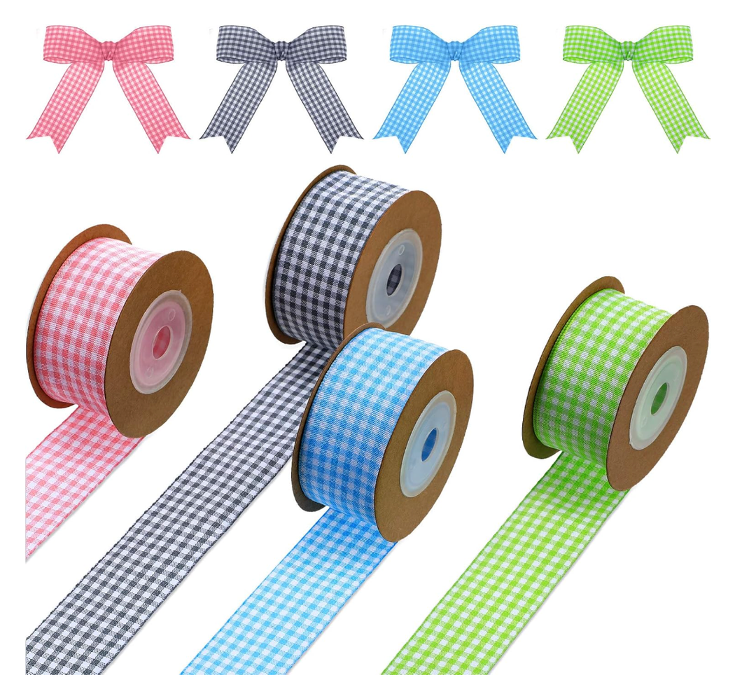 Chuangdi 4 Rolls Easter Wired Ribbons Gingham Plaid Buffalo Check Edge Ribbon Spring Polyester Decoration for Easter DIY Crafts Holiday Party Home Decor, 1 Inch, 22 Yards