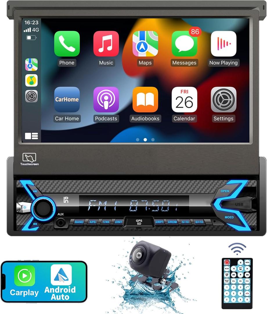 2026 7-inch Motorized Flip-Out Single Din Car Stereo with Apple CarPlay & Android Auto, Bluetooth, HD Touchscreen, Backup Camera, USB/SD/AUX Input, AM/FM Radio, Subwoofer Support & DSP