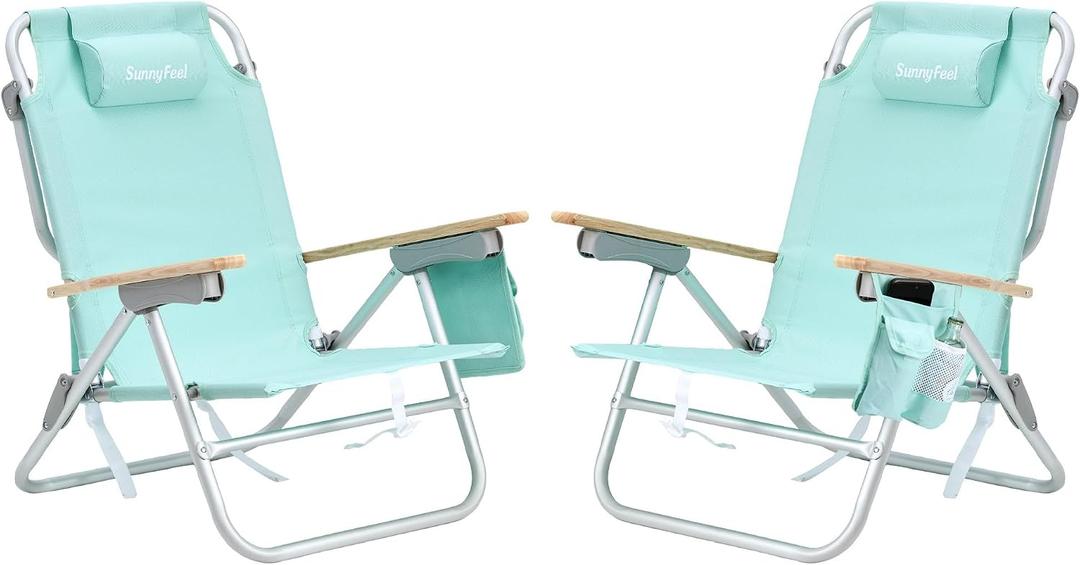 SUNNYFEEL Low Back Folding Beach Chair, Aluminum Heavy Duty Beach Chair with 5-Position, Portable Camping Chair for Adults with Wood Armrest, Lightweight Camping Chair 300lbs, Green, 2 Pack