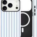 Magnetic for iPhone 17 Pro Max Case Cute Stripes Phone Case, Shockproof Slim TPU and Hard PC Protective Phone Cover Compatible with MagSafe Designed for Women Girls, Blue and White