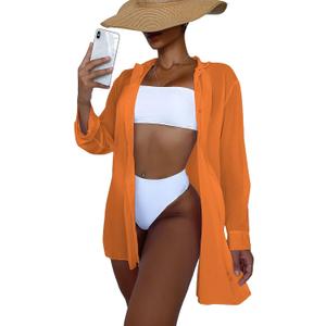 SHENHE Women's Sheer Button Up Long Sleeve Beach Kimono Cover Up Shirt Sun Dresses (Large, Orange)
