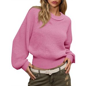 Saodimallsu Womens Batwing Long Sleeve Sweaters Casual Crewneck Loose Chunky Knit Fall Pullover Tops (Pink, L)