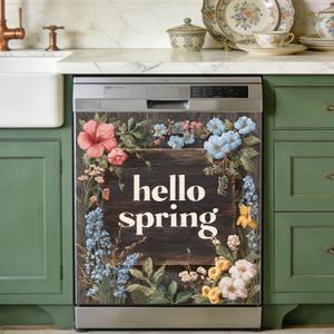 Dishwasher Magnet Cover 23" x 25.6", Independence Day Magnetic Door Wrap, Reusable Fridge Appliance Decor Sticker for Kitchen (Floral Frame, Spring Greeting, 23" W x 26" H)
