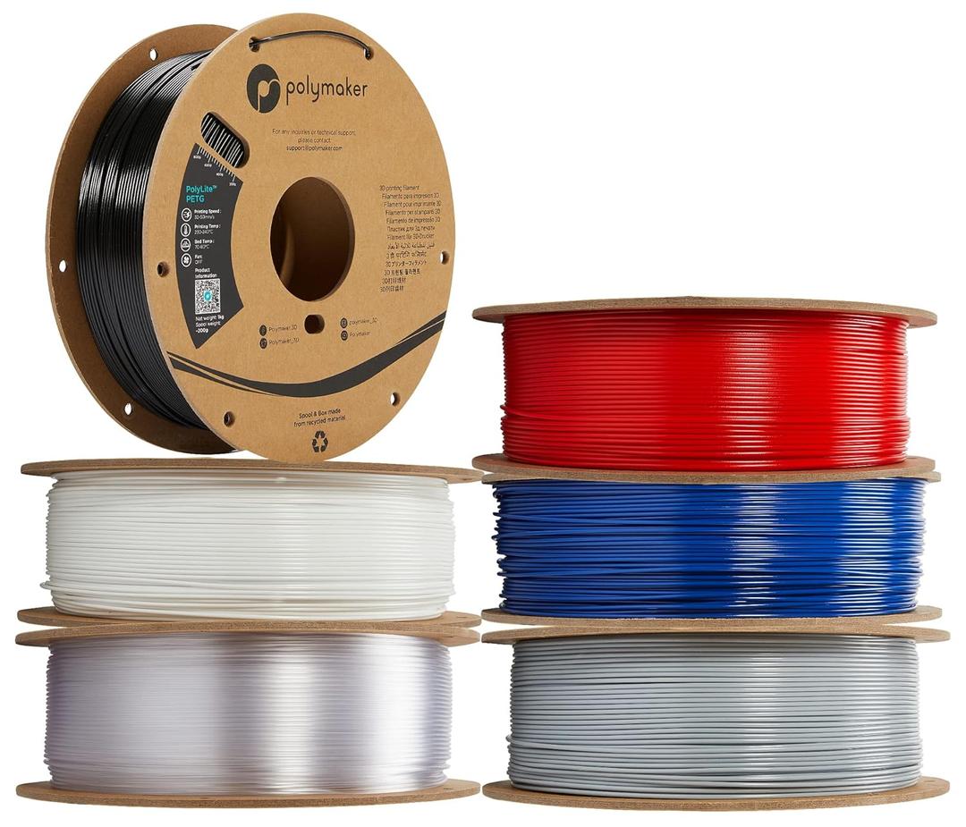 Polymaker PETG Filament 1.75mm 6kg Black *1 + White*1 + Grey*1 + Red *1 + Blue*1 + Transparent*1 3D Printer Filament, PolyLite PETG 3D Printing Filament 1.75mm, Dimensional Accuracy +/- 0.03mm