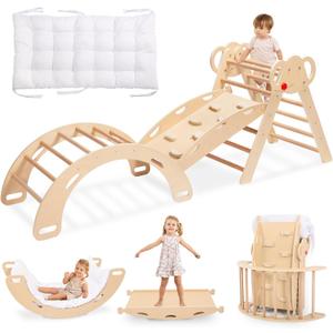 WINGYZ Pikler Triangle Set, Montessori Foldable 8-in-1 Jungle Gym with Reversible Animal Slide, Patent-Protected Climbing Set, Safe 2.35" Gap ASTM F963 Standards for Toddlers 18 Months-7 Years (Teak), Approx. 70" X 21" X 25"