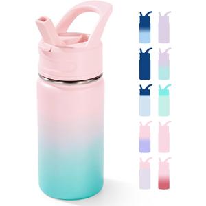 12oz Kids Water Bottle for School, Toddler Bottles with Straws, Stainless Steel Vacuum Insulated Water Bottle for Boys&Girls, Leak-Proof, BPA-Free, Bubble Gum