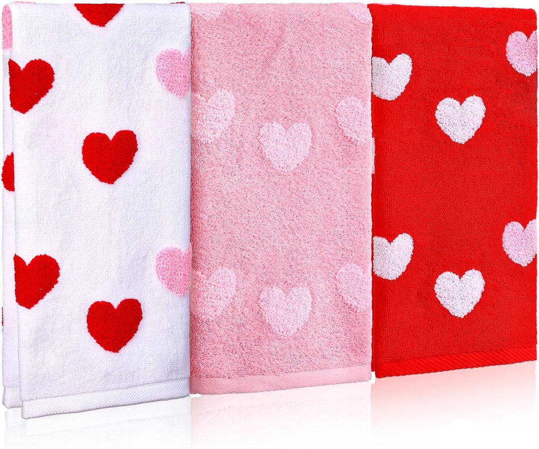 3 Pcs Valentine's Day Heart Hand Towels for Bathroom Red Pink White 3D Embroidered Farmhouse Absorbent Hand Towels 100% Cotton Bathroom Decor for Kitchen, 29.5 x 13.7 Inch