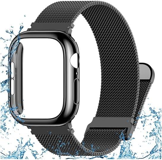 Vigamen Waterproof Stainless Steel Milanese Band with Case Compatible with Apple Watch Bands for Women Men 46mm, Magnetic Metal Wrist Straps for iWatch Series 10 11, Breathable, Adjustable, Black