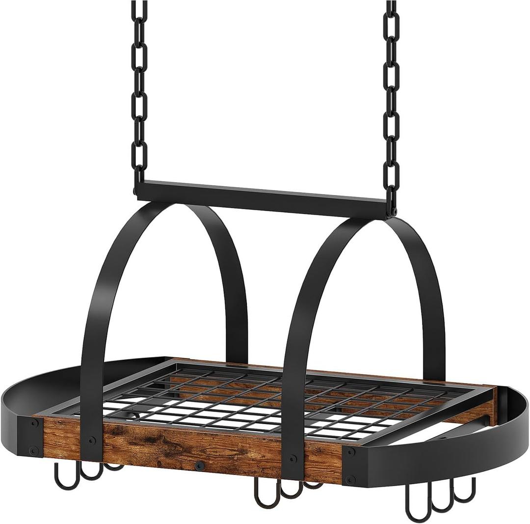 Hanging Pot Rack, Pot Hanger for Kitchen, Ceiling Mounted Pot Holder, Cookware Organizer with 9 S-Shaped Hooks, for Pot, Pan Storage, Space-Saving, Rustic Brown and Black TPR07BF (23.6''L x 15.7''W x 13''H)