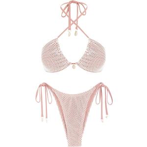 ZAFUL Women's Triangle Bikini Multiway Fishnet Tie Side Bandeau Halter String Bikini Set Two Piece Swimsuit Bathing Suits (Large, 1-light Pink)