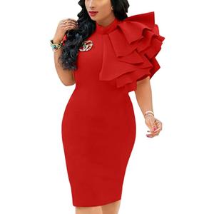 XXTAXN Women's Cocktail Bodycon Ruffle Sleeveless Formal Midi Pencil Dress (Red, XL)