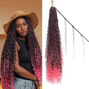 Boho Faux Locs Crochet Hair 30 Inch - 9 Packs Pink Faux Locs with Curly Ends, Boho Soft Locs with Curls, Goddess Locs Braids, Bohemian River Crochet Hair for Black Women(30Inch, Tpink#)