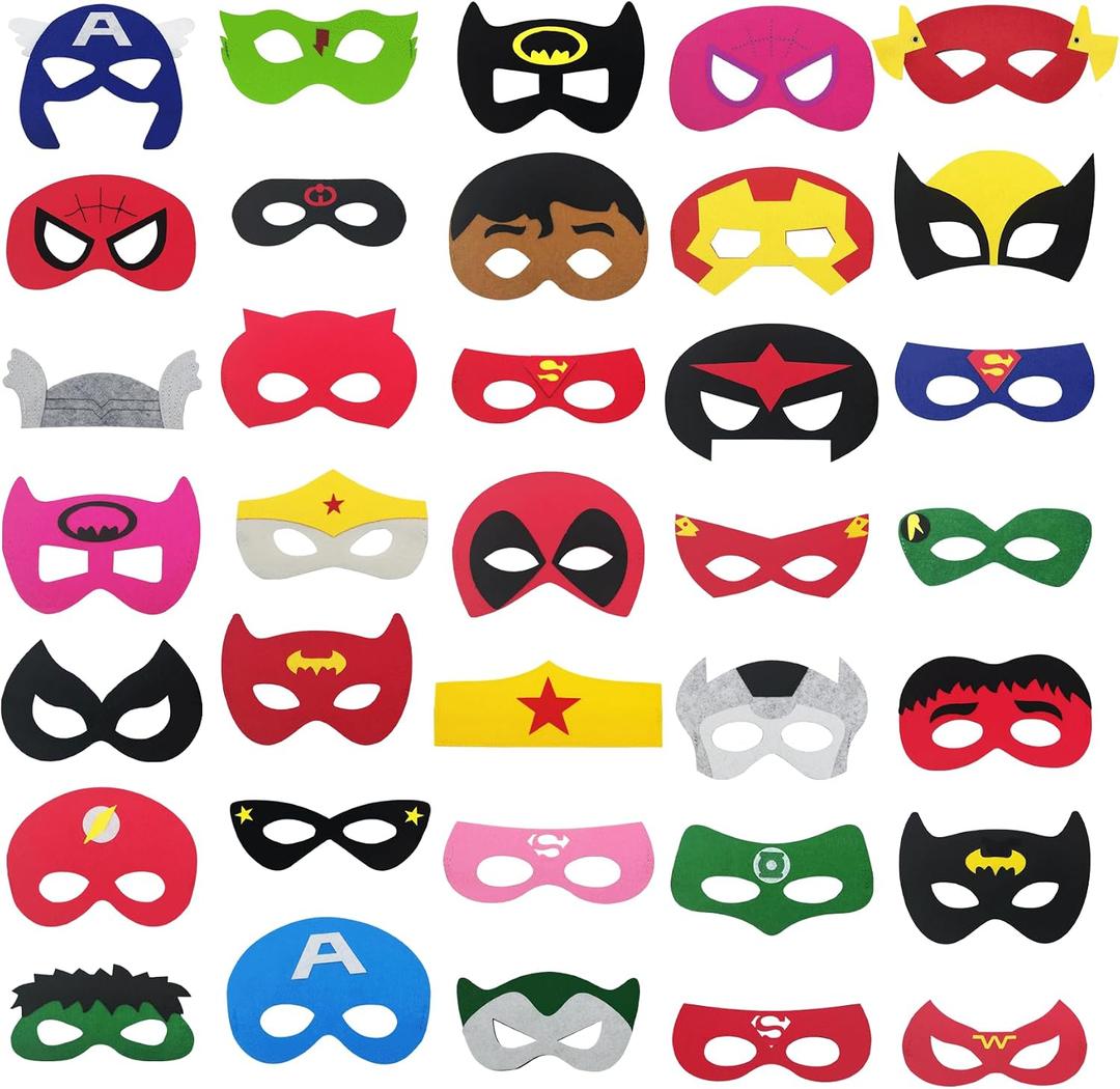 LURICO 35pcs Superhero Masks for Kids - Felt Masks for Birthday Parties & Halloween, Cosplay Toys for Boys & Girls