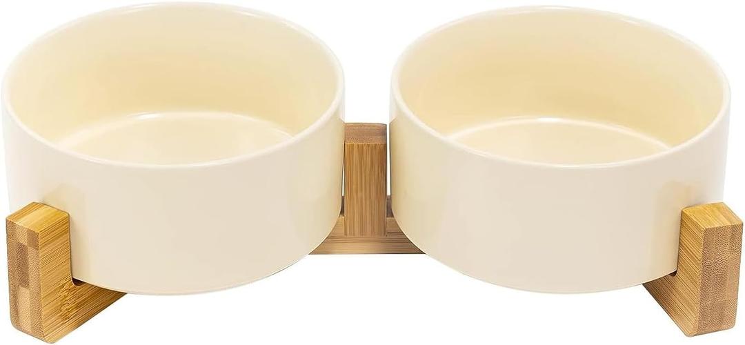 SPUNKYJUNKY Ceramic Dog and Cat Bowl Set with Wooden Stand, Modern Cute Weighted Food Water Set for Small Size Dogs (13.5OZ) (3.6 Cups, 2 Beige)