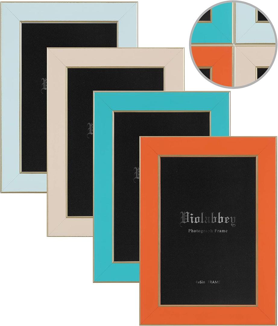 VIOLABBEY 4"x6" Picture Frames Set of 4, Colorful Photo Frame of Modern Style, High Definition Tempered Real Glass, Wall Mounted or Tabletop Display (Blue+Light Blue+Orange+Apricot)