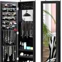 Full Length Mirror Jewelry Cabinet, Wall Door Mounted Jewelry Organizer with Makeup Mirror, Ring Slots & Necklace Hooks, Large Storage Jewelry Armoire for Bedroom, Dressing Room (Black)