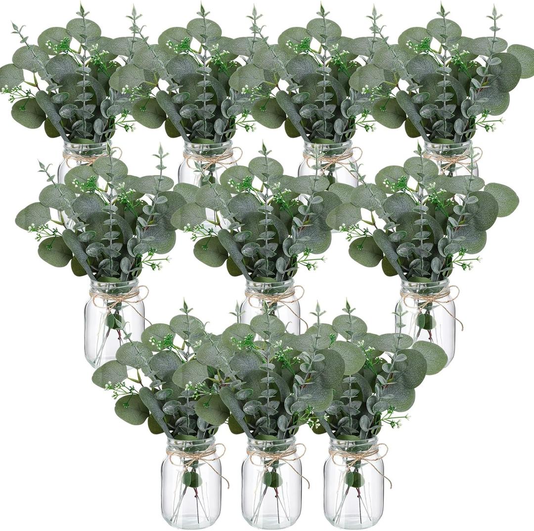 XunYee 10 Set Mason Jar Table Centerpiece with Flower Mason Jar Flower Centerpiece Vases Decor for Engagement Party Bridal Shower Centerpieces Wedding Reception Table Decor (Eucalyptus)