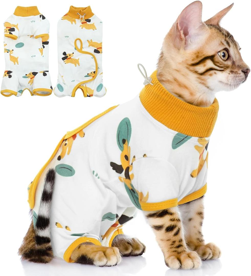 QBLEEV Cat Recovery Suit for Post Surgery, Spay Neuter Onesie for Cats | Soft stretchy cotton, anti-lick surgical shirt for skin diseases, pajamas for abdominal wound, kitten cone alternative, S-XL