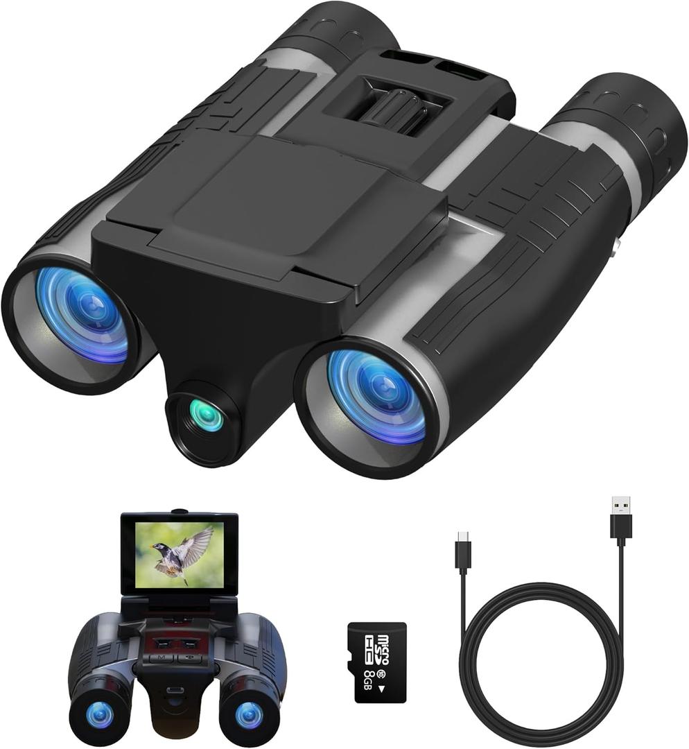 Anweller Binoculars with Camera, 12x32 High Powered Compact Binoculars for Adults and Kids, for Bird Watching, Cruise Ship, Hunting, Travel, Hiking, Sport Games, Concert, with 8GB Card