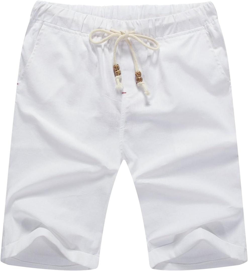 Sailwind Mens Linen Shorts Casual Drawstring Summer Beach Shorts (32-34, G05 White)