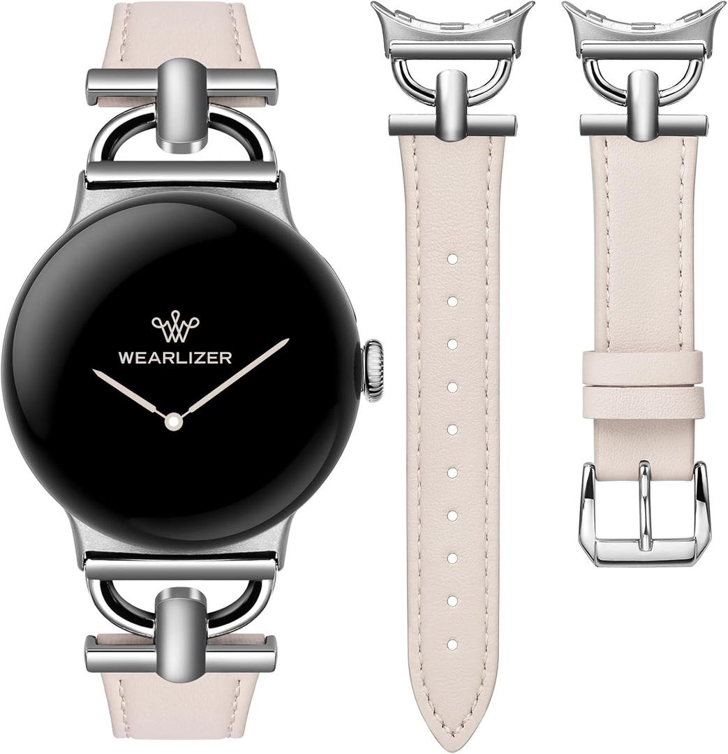 Wearlizer Leather Bands Compatible with Google Pixel Watch 4/3 41mm/Pixel Watch 2/1 Band Women, Dressy Designer Slim Leather Strap with D-Shape Metal Buckle for Pixel Smartwatch Accessories (Starlight/Silver)