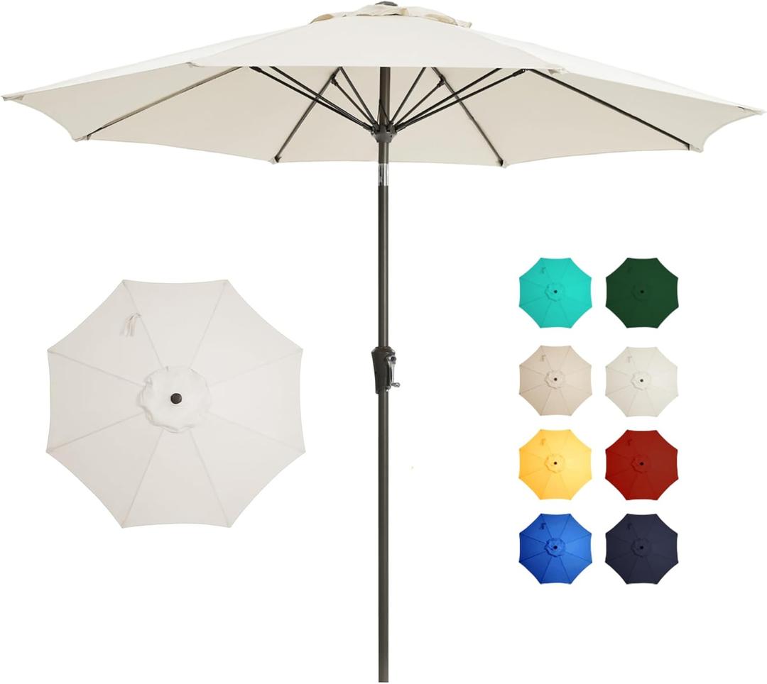 9FT Outdoor Patio Umbrella Outdoor pool Umbrella with Push Button Tilt and Crank, Market Umbrella 8 Sturdy Ribs UV Protection for Garden, Deck, Backyard (White)