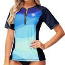 AOBUTE Women Zip Rash Guard UPF 50+ Gradient Short Sleeve Swim Top Surf Shirts (Large, Navy)
