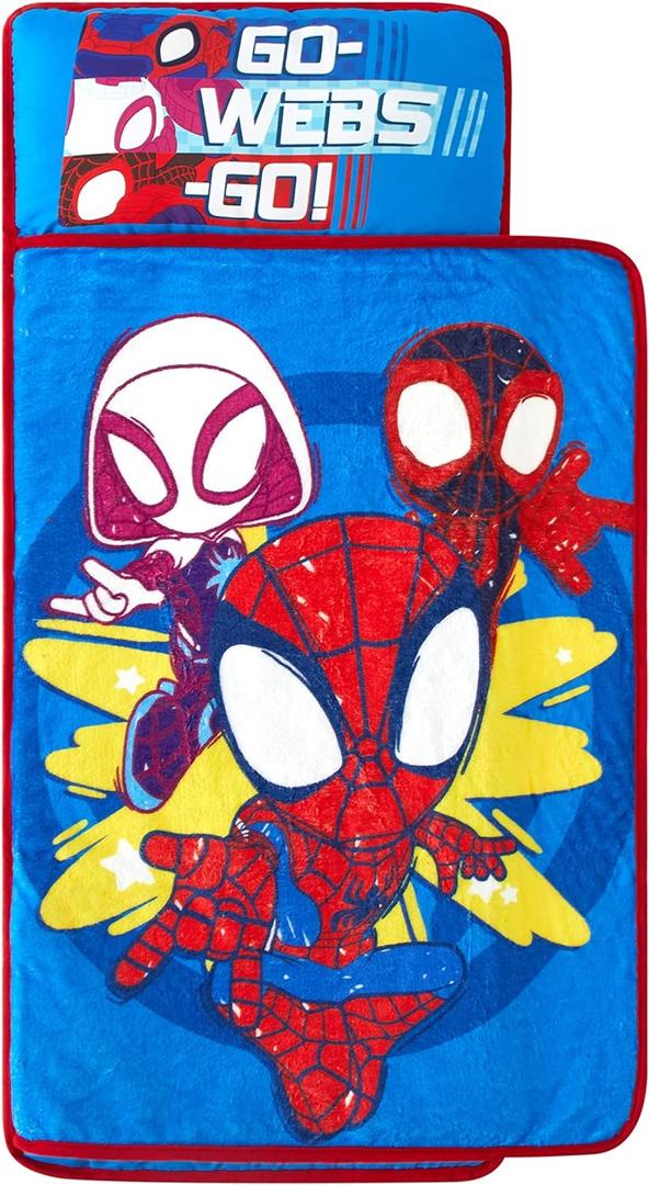 Super Soft Plush Toddler Quilted Nap Mat with Built in Blanket and Pillow (20"Wx46"L, Spidey and His Amazing Friends)