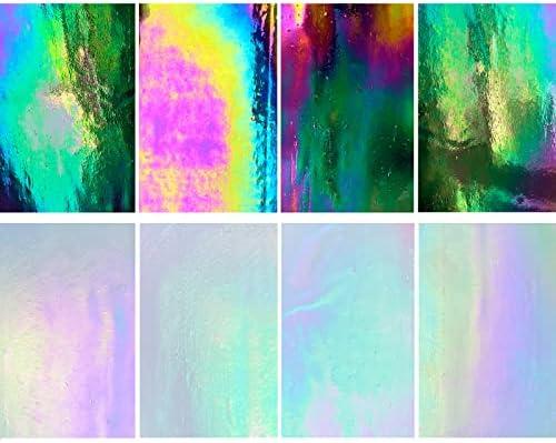 LITMIND 8 Pack Stained Glass Sheets Variety Pack, 4 x 6 inch Iridescent Glass Sheets for Beginners, Mosaic Tiles for Crafts, Art Glass Pack (Opaque/Iridescent Black & White)