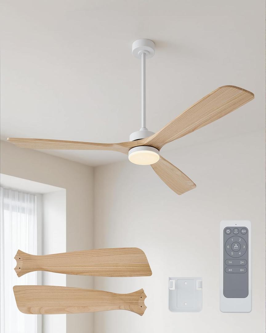 VONLUCE Wood Ceiling Fan with Lights, 60 Inch Ceiling Fan and Remote, 6 Speed Reversible Noiseless DC Motor, 3CCT, Solid Wood Outdoor Ceiling Fan for Patios Farmhouse, White