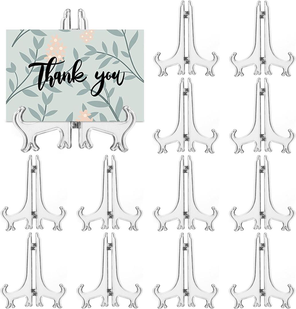 LonlyEagle 12 Pack 4 Inch Clear Plastic Easels or Stand/Plate Holders to Display Pictures or Other Items at Weddings, Plate Stands for Home Decoration, Birthdays, Tables