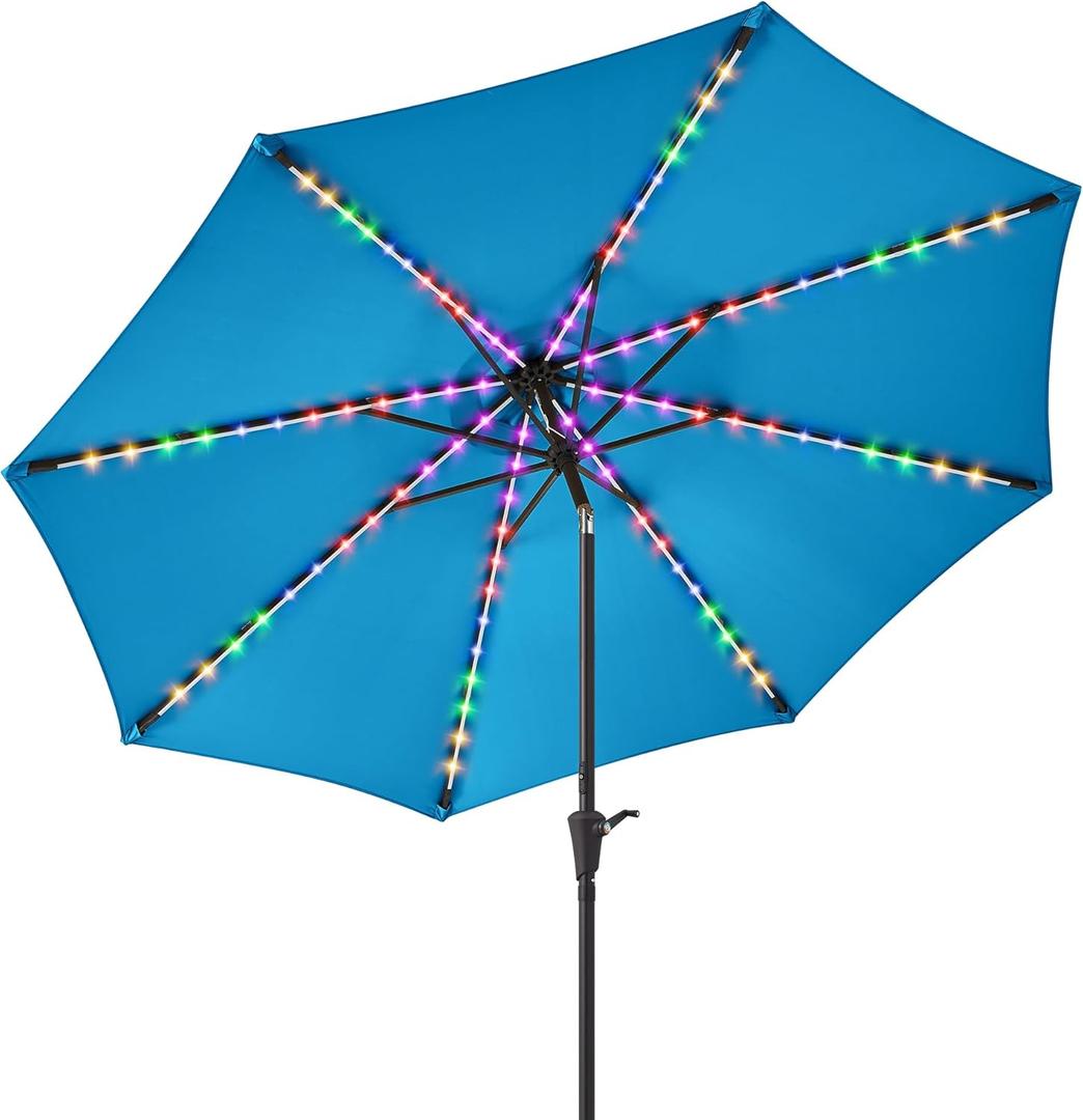 10 ft Outdoor Patio Umbrella with Solar Lights - Large Heavy Duty Beach/Table/Pool/Deck/Market Umbrella, Dual Charging, Tilt, APP & Button Control, UV/Fade-Resistant (Blue)