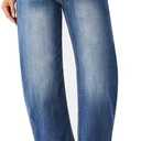 Roswear Women's Barrel Jeans Petite Wide Leg Cropped Stretchy Baggy Denim Pants XL