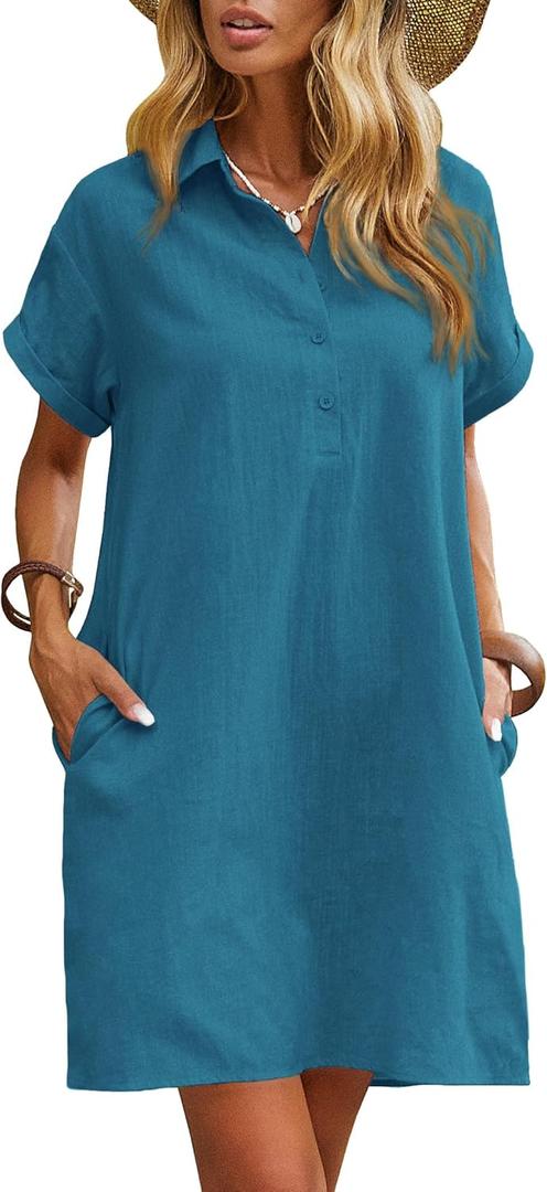 Zeagoo Womens Cotton Shirt Dress Summer Casual Short Sleeve Button Down Beach Cover Up Shirts with Pockets (Large, Blue)